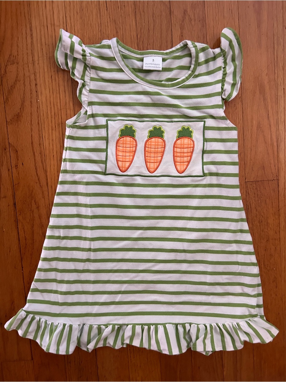Green & White Striped Carrot Applique Dress Sz. 5